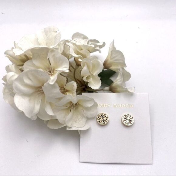 New Tory Burch Gold, Black Outline Round Stud Earrings - Picture 5 of 8